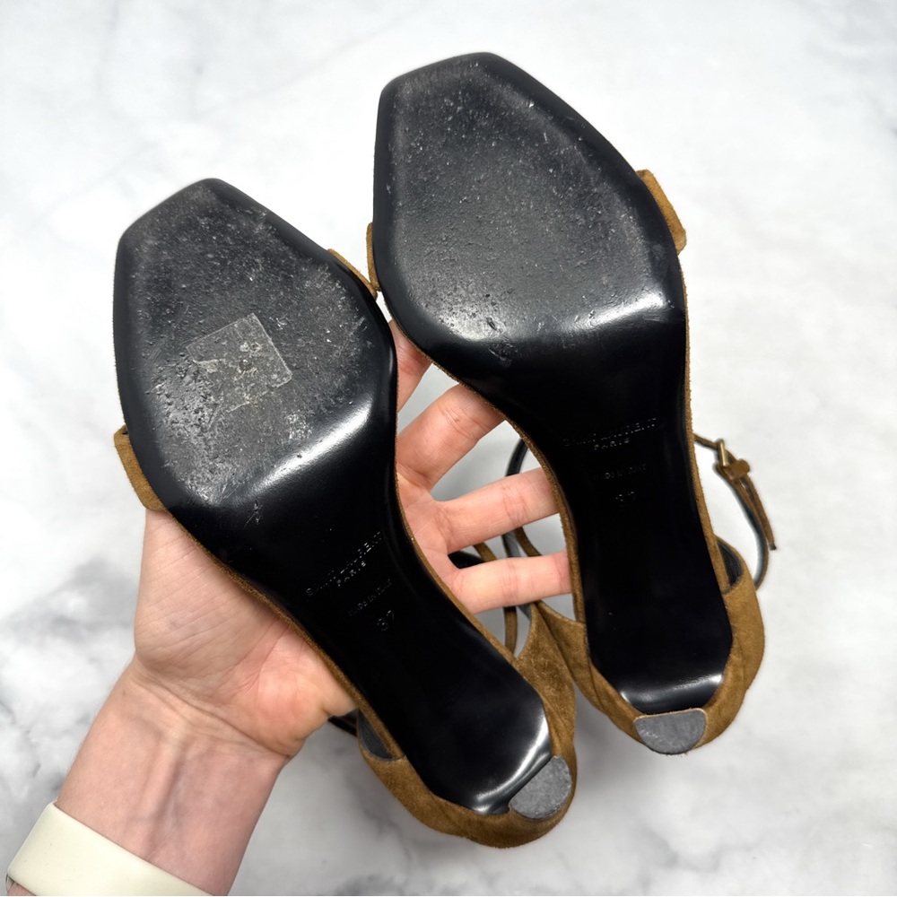 Saint Laurent Bea Bow Suede Square Toe Ankle Wrap Strap Sandal Heels Brown 37 - Picture 10 of 14